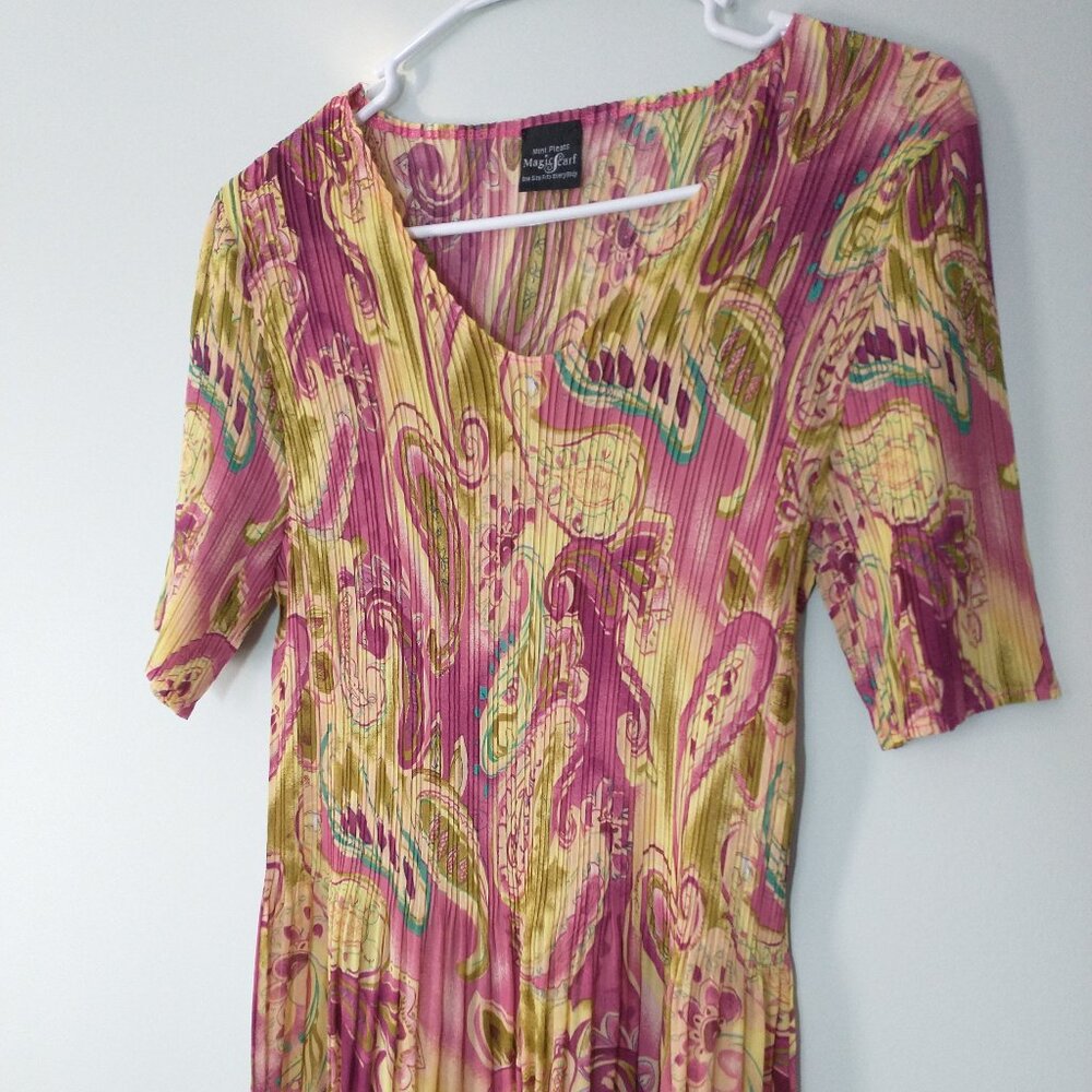 NWOT Magic Scarf Mini Pleats Pink & Yellow Stretch Blouse Size OS